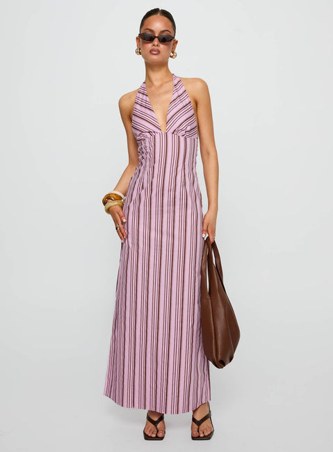 front view of model wearing Princess Polly Avrie Halter Maxi Dress Pink / Brown Stripe Plunger 