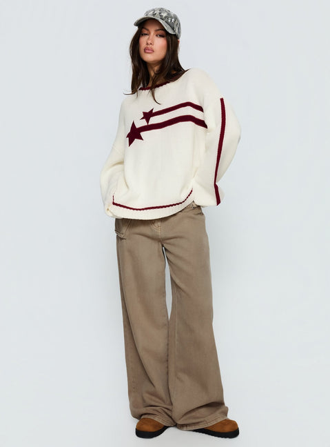 front view of model wearing Princess Polly Star Track Graphic Jumper Cream / Red Longline Jumpers 