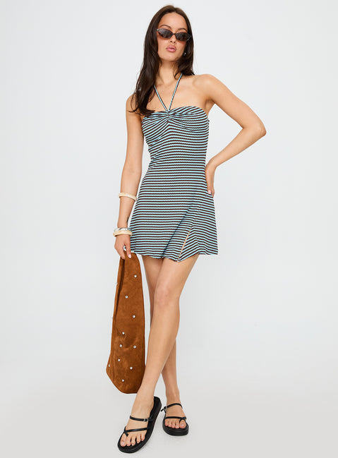 Knoxi Halter Jersey Mini Dress Blue / Brown Stripe