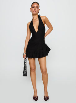 front view of model wearing Princess Polly Solistaire Halter Mini Dress Black Plunger 