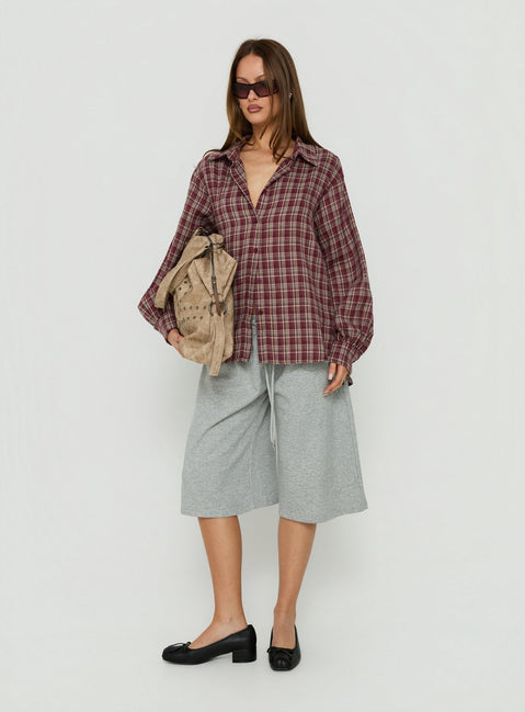 Caydence Long Sleeve Button Down Flannel Top Burgundy Check