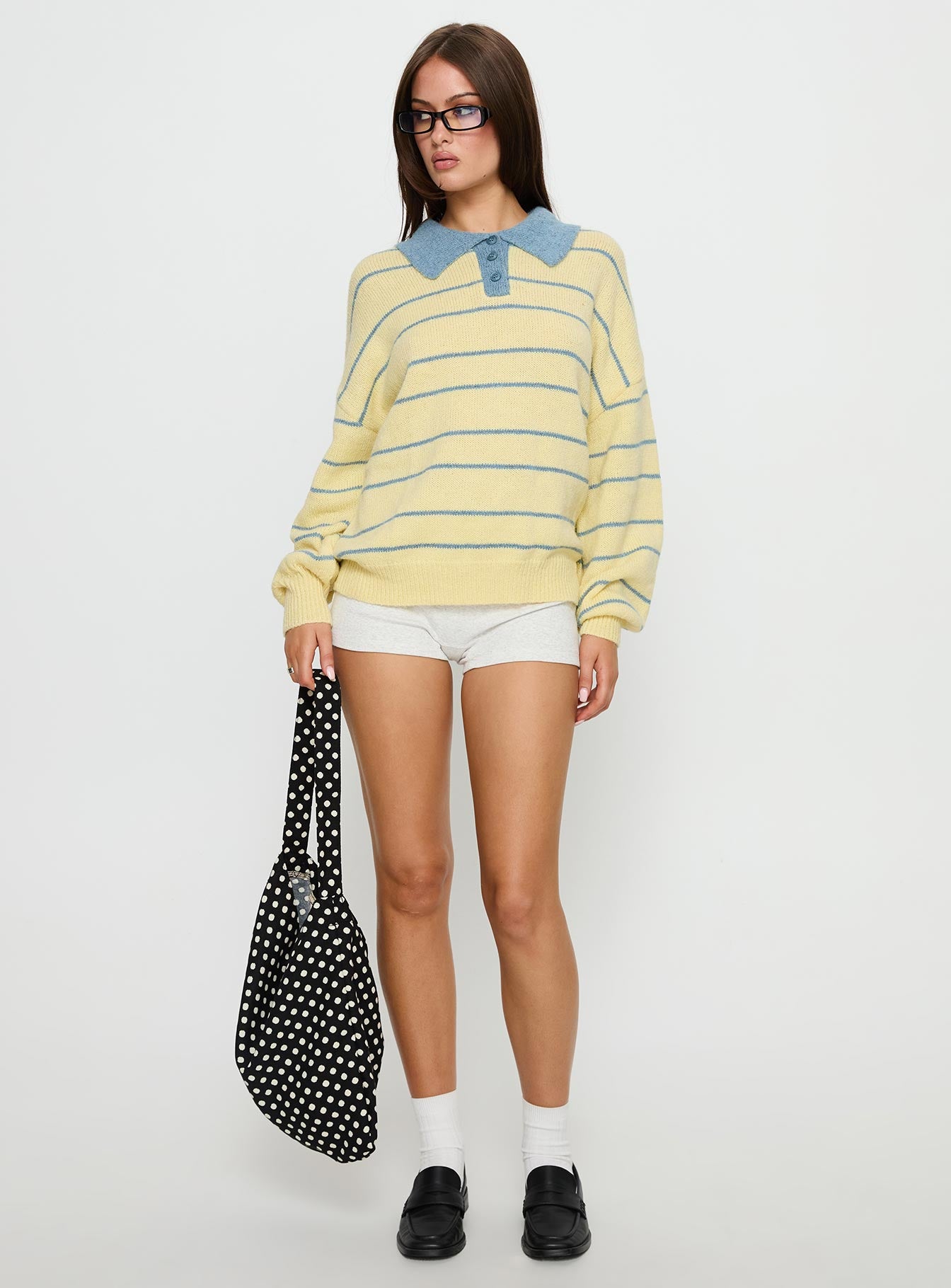 front view of model wearing Princess Polly Minda Collared Knit Sweater Yellow Stripe 