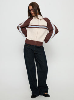 front view of model wearing Princess Polly Lexanne Zip Through Knit Jumper Cream Multi regular 