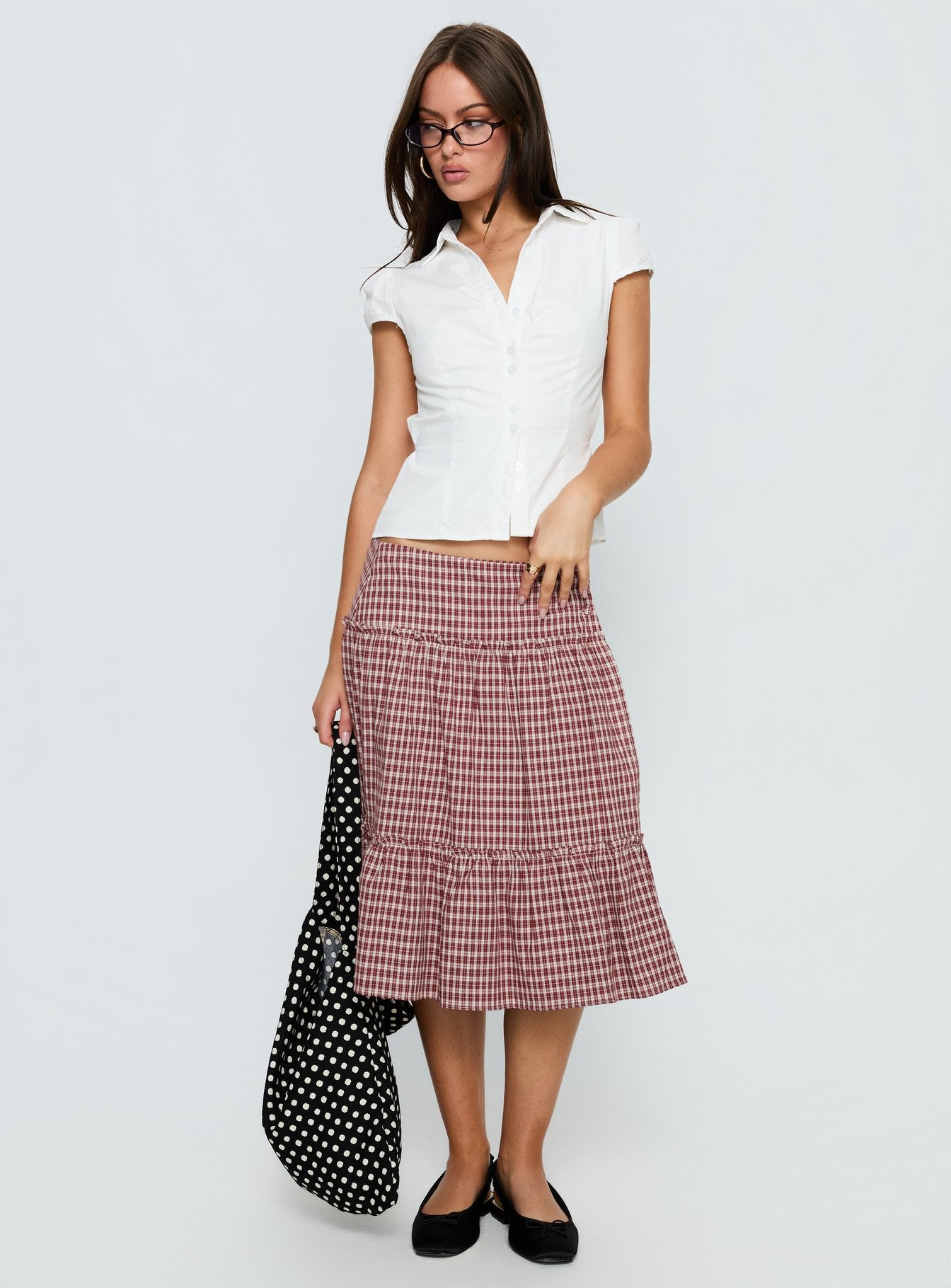   front view of model wearing Princess Polly Cascades Low Rise Midi Skirt Red Check Midi Skirts 