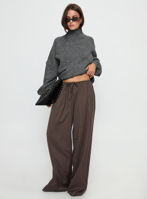 front view of model wearing Princess Polly Bungala Oversized Relaxed Pant Brown Check Mid Rise Pants 