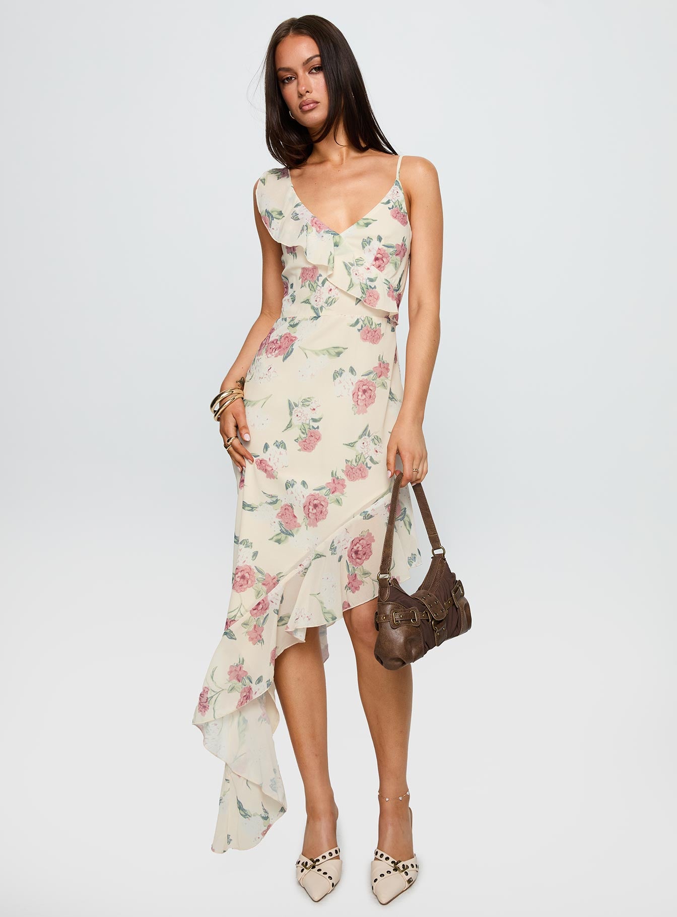 side view of model wearing Princess Polly Chrysalis Asymmetrical Midi Dress Multi Floral V-Neck 