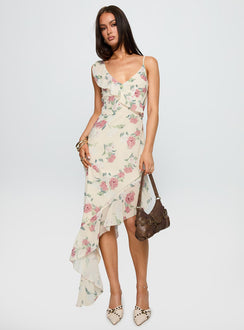 side view of model wearing Princess Polly Chrysalis Asymmetrical Midi Dress Multi Floral V-Neck 