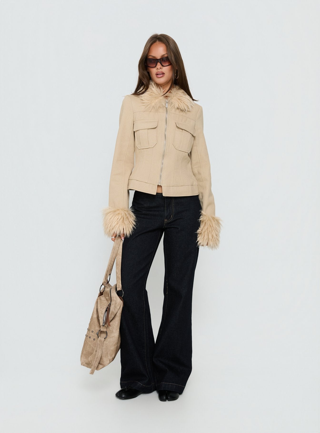 Nindie Faux Fur Kontrastjacke Hellbraun