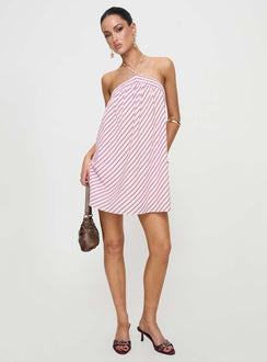 front view of model wearing Princess Polly Moonlit Mini Dress Pink Stripe Petite Asymmetric Neckline 