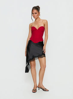   front view of model wearing Princess Polly Idette Lace Asymmetrical Mini Skirt Black Mini Skirts 