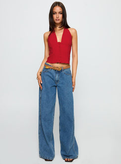 front view of model wearing Princess Polly Serefina Halter Top Red Sleeveless Plunger 