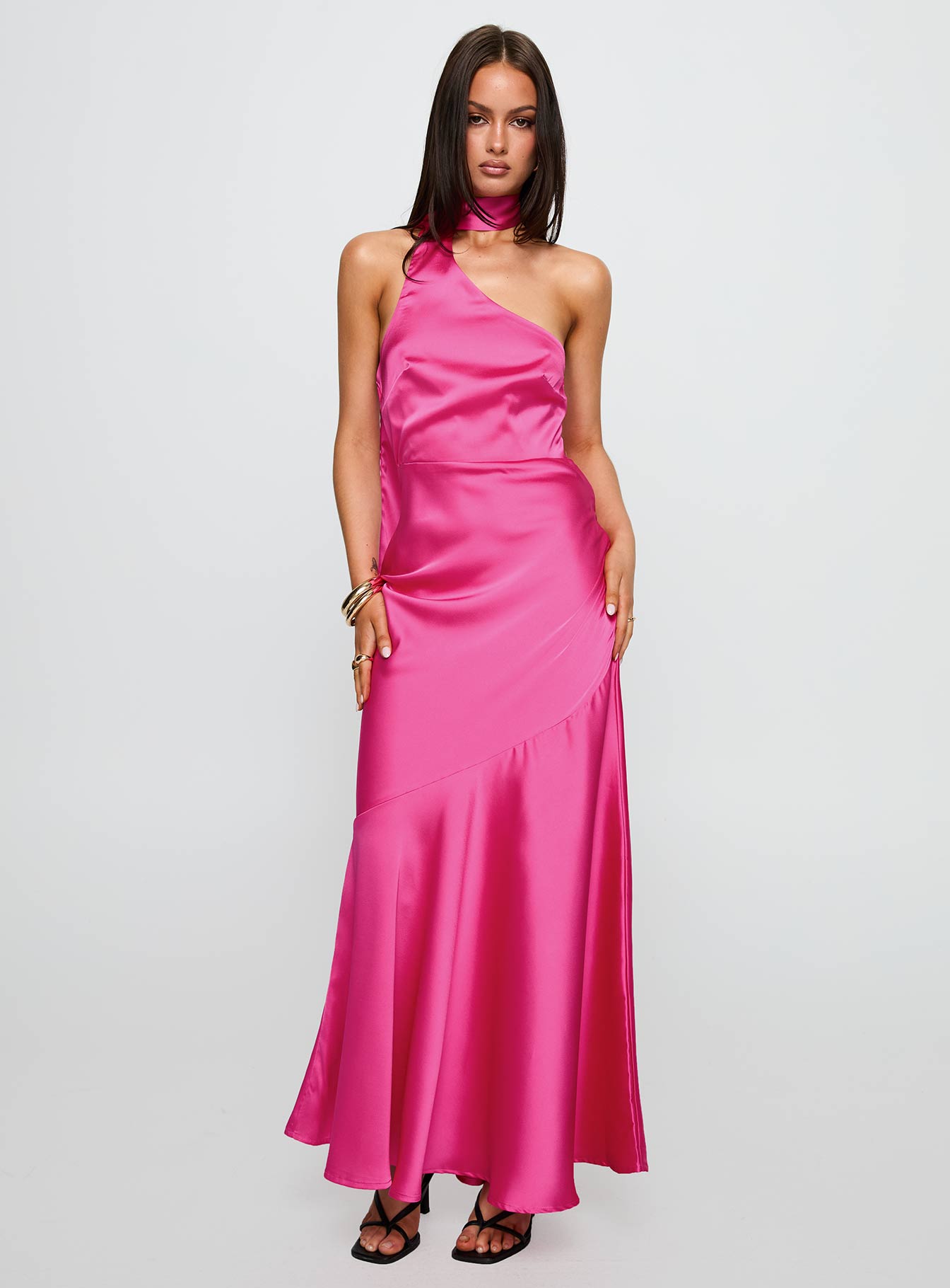 side view of model wearing Princess Polly Elixaire Scarf Maxi Dress Pink Asymmetric Neckline 