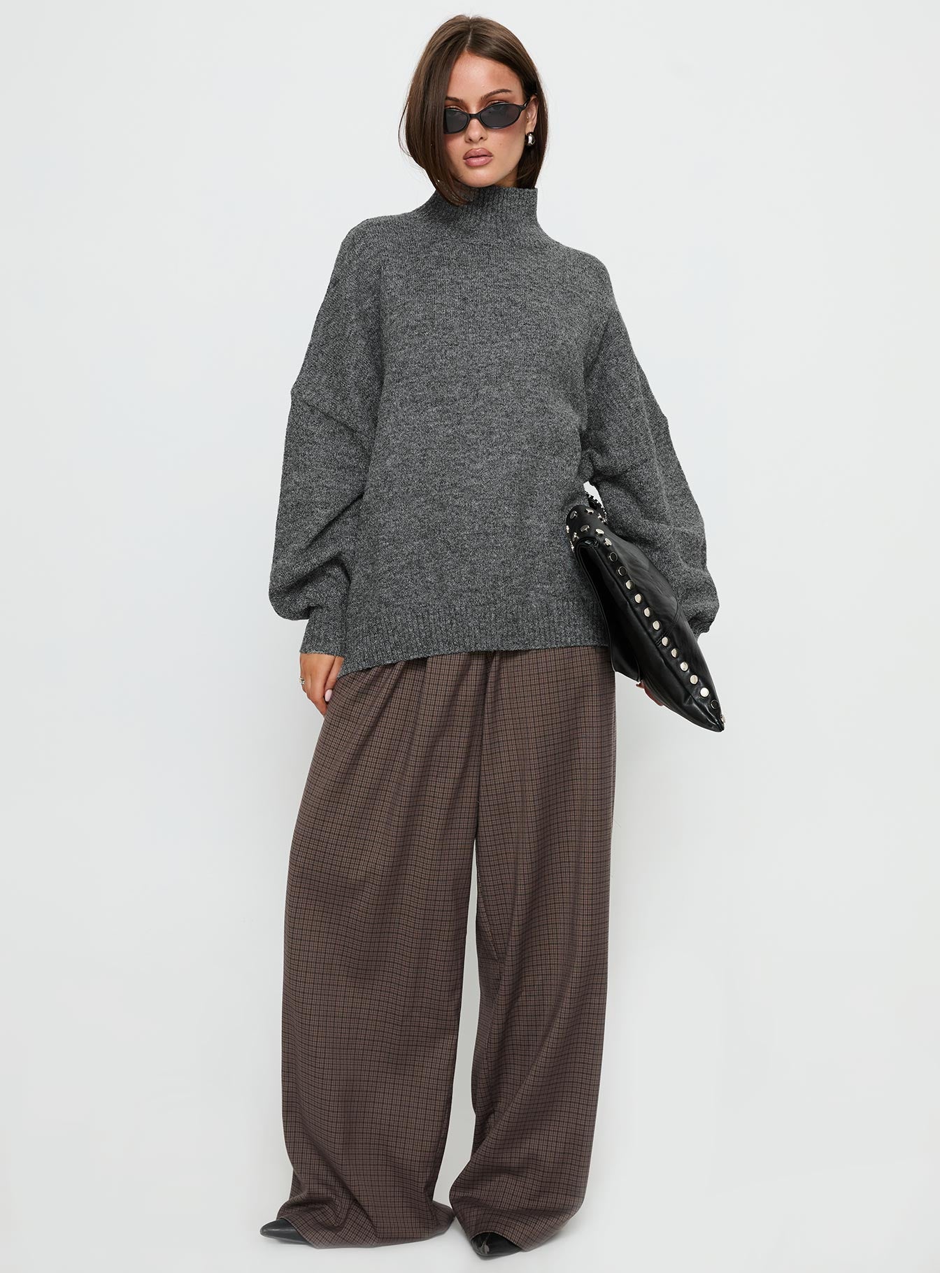 side view of model wearing Princess Polly Patrizia Funnel Neck Knit Sweater Grey Long 