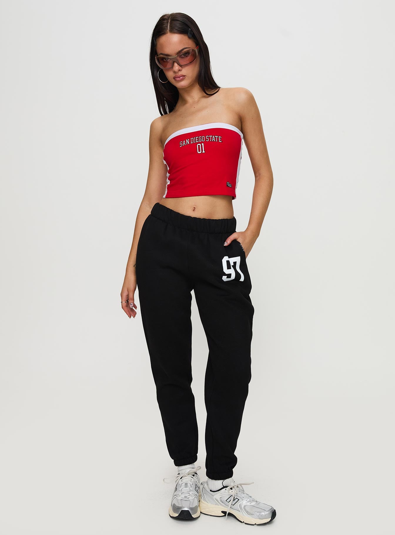 front view of model wearing Princess Polly SDSU Sweatpants Black 