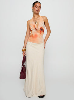 front view of model wearing Princess Polly Do It Again Cowl Neck Top Orange Multi Sleeveless Cowl 