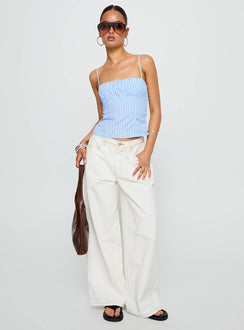 front view of model wearing Princess Polly Isolabella Top Blue Stripe Sleeveless Square Neck 