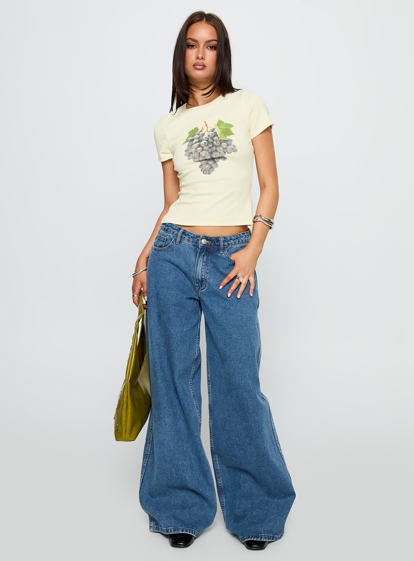 back view of model wearing Princess Polly Grapejuice Graphic Top Cream Short Sleeves Crew Neck 