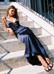 front view of model wearing Princess Polly Aphrodyte Lace Maxi Dress Navy Plunger 