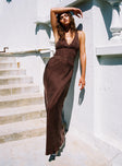 side view of model wearing Princess Polly Karlotta Lace Bias Maxi Dress Brown Plunger 