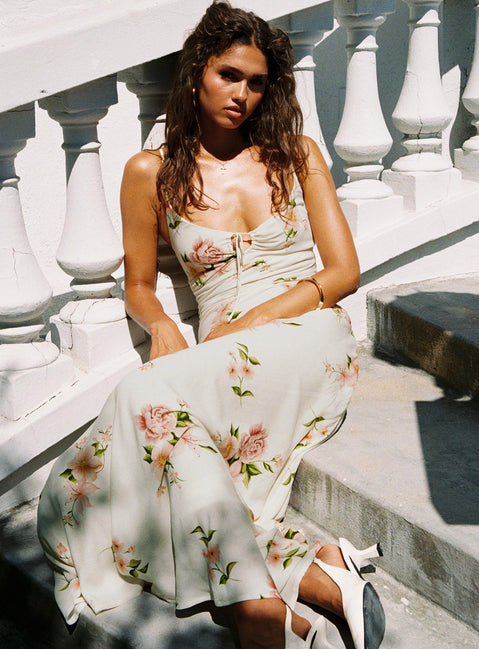 front view of model wearing Princess Polly Lauraline Maxi Dress Cream / Floral Plunger 