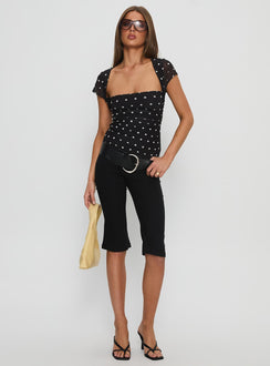Attraction Cap Sleeve Mesh Top Black Polka