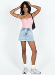 front view of model wearing Princess Polly Heuston Skort Denim Lower Impact High Waisted Shorts 