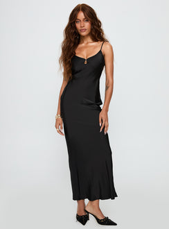 front view of model wearing Princess Polly Mind Reader Maxi Dress Black Scoop Neck 