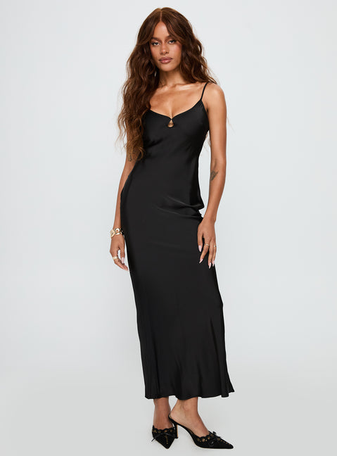 front view of model wearing Princess Polly Mind Reader Maxi Dress Black Scoop Neck 
