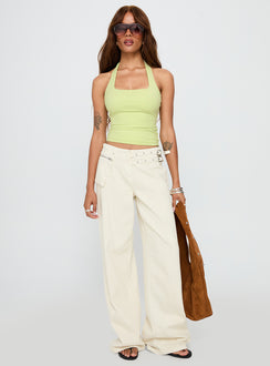 front view of model wearing Princess Polly Assumptions Halter Top Sage Sleeveless Square Neck 