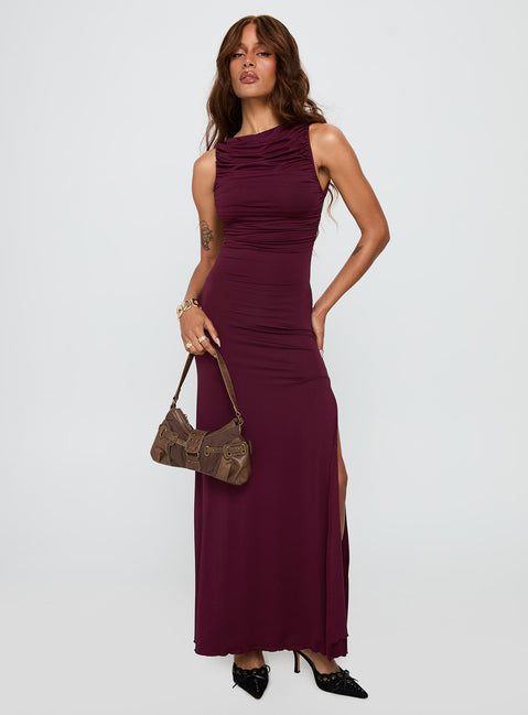 front view of model wearing Princess Polly Undeniable Cut Out Maxi Dress Plum Crew Neck 