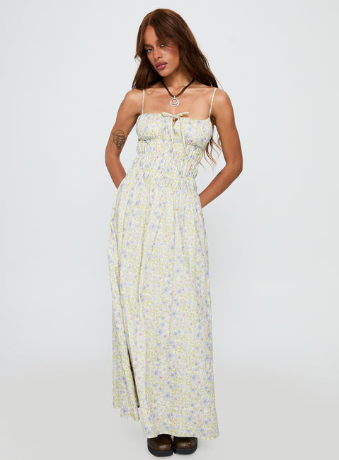 front view of model wearing Princess Polly Loralei Shirred Maxi Dress Floral Square Neck 