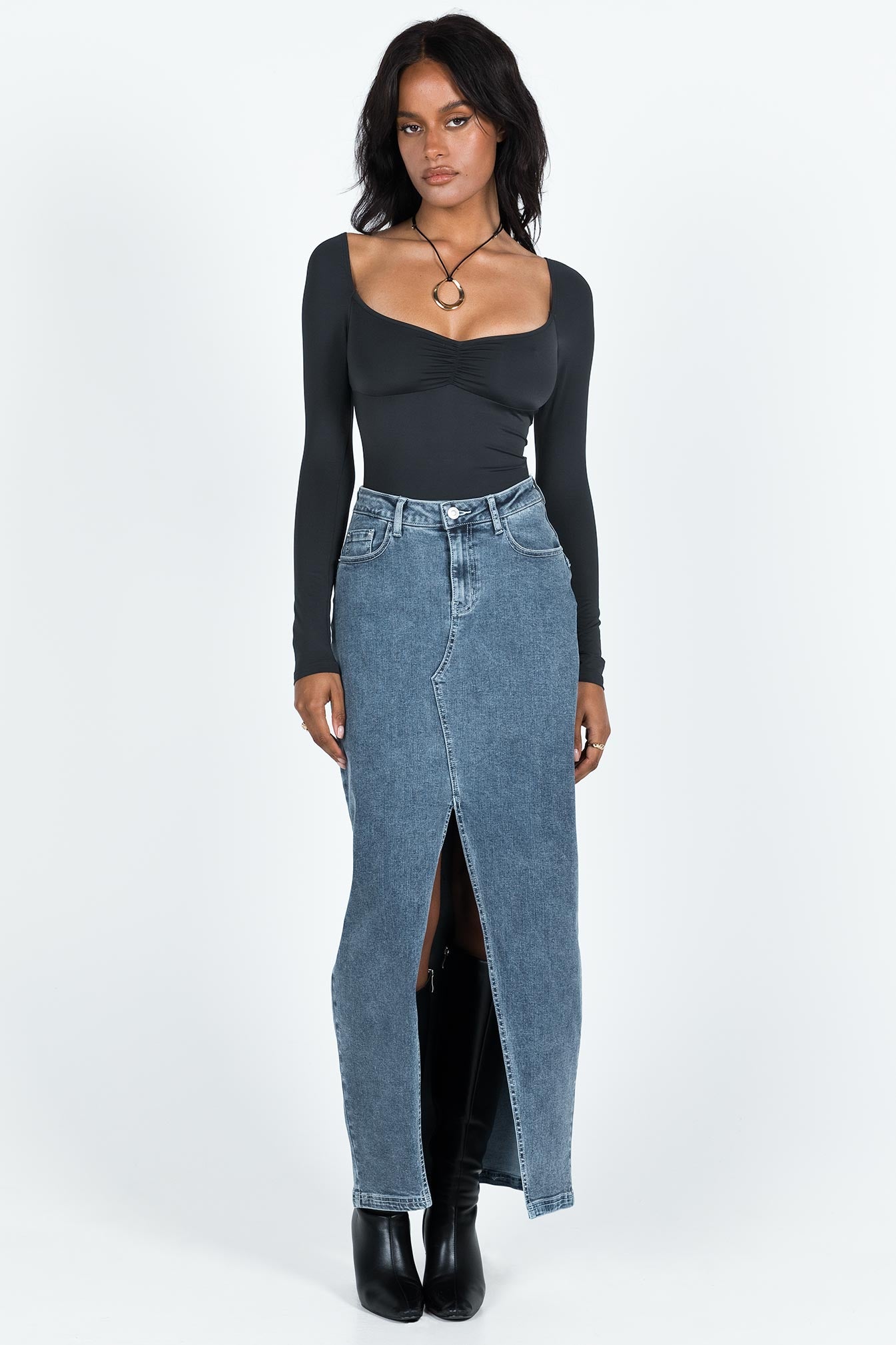 back view of model wearing Princess Polly Calissa Long Sleeve Bodysuit Black Full Sleeves V-Neck 