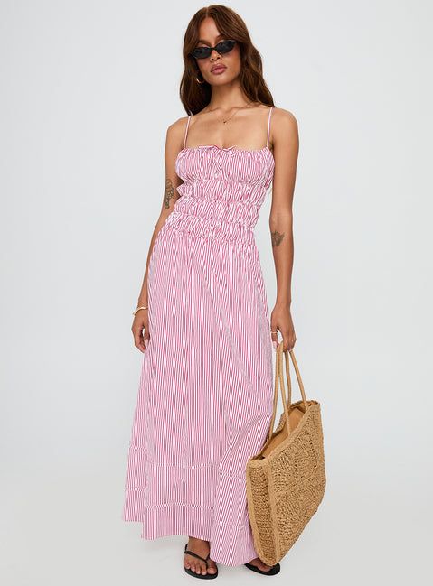 back view of model wearing Princess Polly Loralei Shirred Maxi Dress Red Stripe Square Neck 