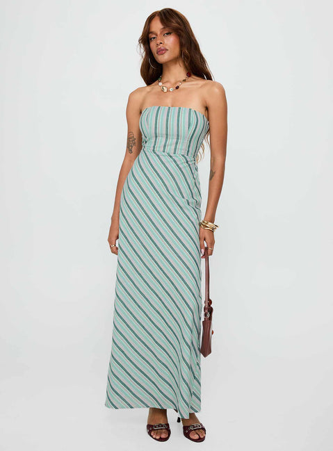 front view of model wearing Princess Polly Finchie Strapless Maxi Dress Blue Stripe Straight Neck 