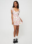 Front view of model wearing  front Princess Polly Crew Neck  Floreen Mini Dress White / Red Floral