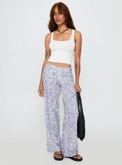 front view of model wearing Princess Polly Vendi Low Rise Pant Lilac Floral Low Rise Pants 