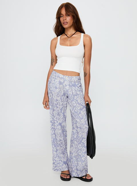 front view of model wearing Princess Polly Vendi Low Rise Pant Lilac Floral Low Rise Pants 