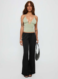 front view of model wearing Princess Polly Norwalk Plunge Neck Top Sage Sleeveless Plunger 