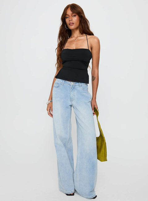 front view of model wearing Princess Polly In The End Tie Back Top Black Sleeveless Square Neck 