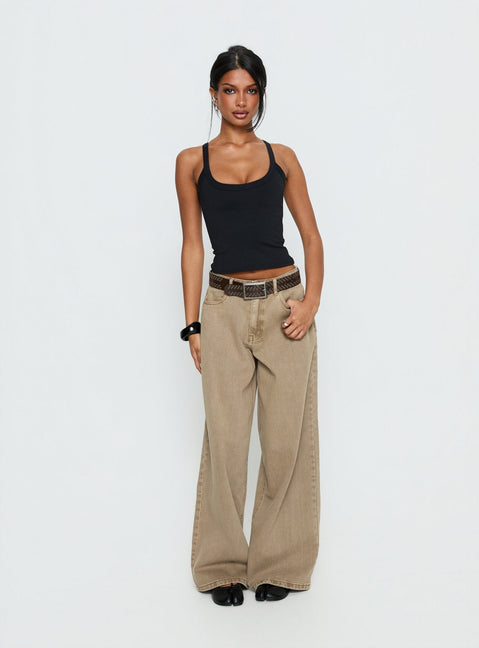 front view of model wearing Princess Polly Naylor Mid Rise Wide Leg Jeans Light Brown Wash Mid Rise Jeans Jeans 
