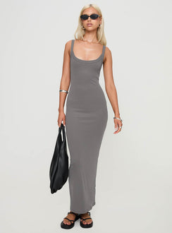 front view of model wearing Princess Polly Montwood Maxi Dress Charcoal Scoop Neck 