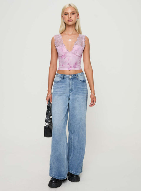 front view of model wearing Princess Polly Typha Top Pink Floral Sleeveless Plunger 