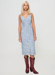 side view of model wearing Princess Polly Forsell Maxi Dress Blue Floral V-Neck 