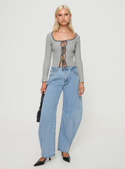 side view of model wearing Princess Polly Tahlea Long Sleeve Top Grey Full Sleeves Scoop Neck 