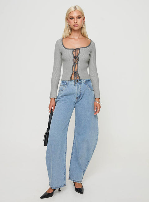 side view of model wearing Princess Polly Tahlea Long Sleeve Top Grey Full Sleeves Scoop Neck 