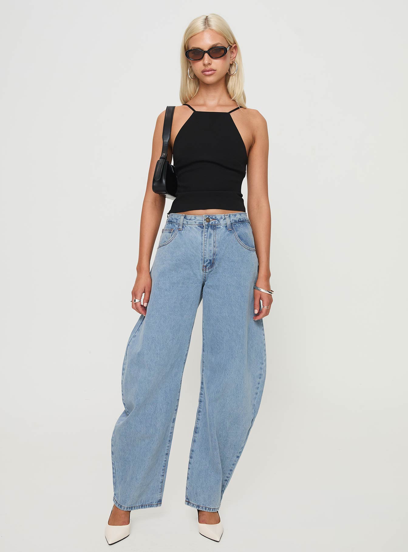 front view of model wearing Princess Polly Horseshoe Jeans Washed Blue High Waisted 