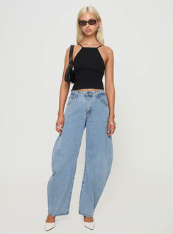 front view of model wearing Princess Polly Horseshoe Jeans Washed Blue High Waisted 