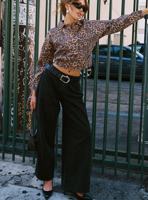 front view of model wearing Princess Polly Naylor Wide Leg Jeans Washed Black Denim Petite High Waisted 