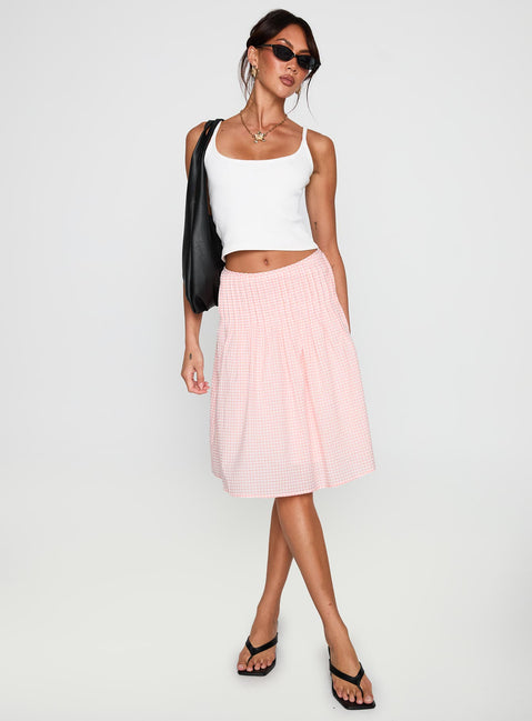   front view of model wearing Princess Polly Maryanna Midi Skirt Pink Gingham 