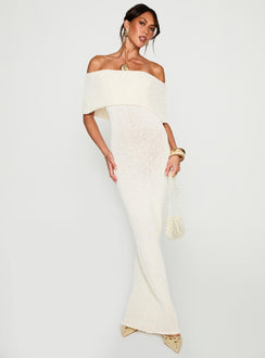 front view of model wearing Princess Polly Nixen Strapless Knit Maxi Dress Cream Straight Neck 